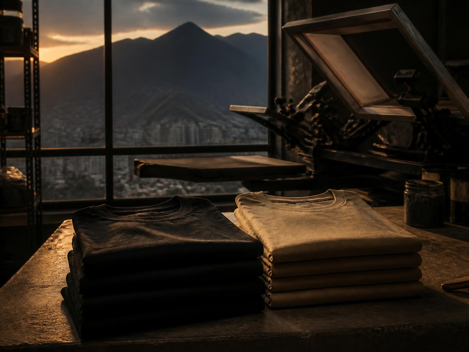 Folded custom printed t-shirts in a Medellín print workshop with Andes mountains beyond